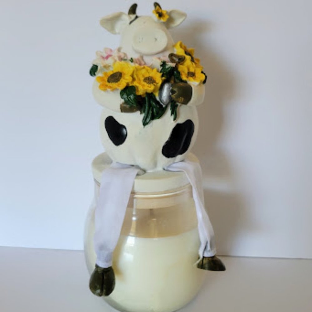 Brand New Vanilla Candle with Adorable Cow with Sunflowers Topper